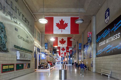 Toronto, Canada - November 8, 2022: Aerial view of the Rogers Centre stadium, home of the Bluejays MLB baseball team.