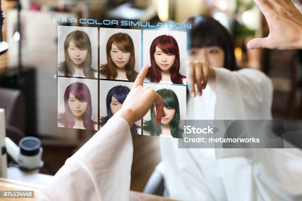 Hair Color Simulation System Concept Technological Scene Of Hair Salon Smart Mirror Display Stock Photo - Download Image Now