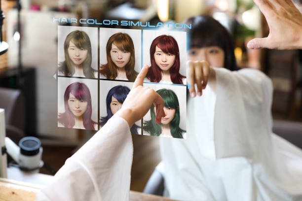 hair color simulation system concept. technological scene of hair salon. smart mirror display. - hair net imagens e fotografias de stock