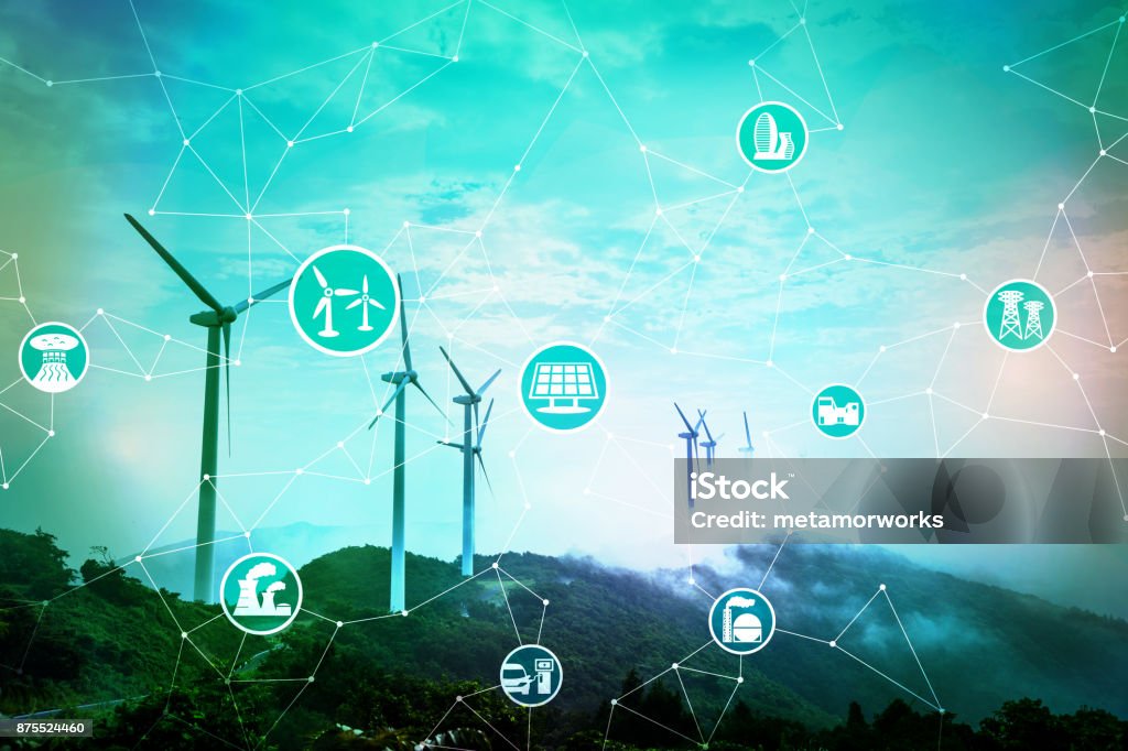 Renewable energy concept. Abstract mixed media. Fuel and Power Generation Stock Photo