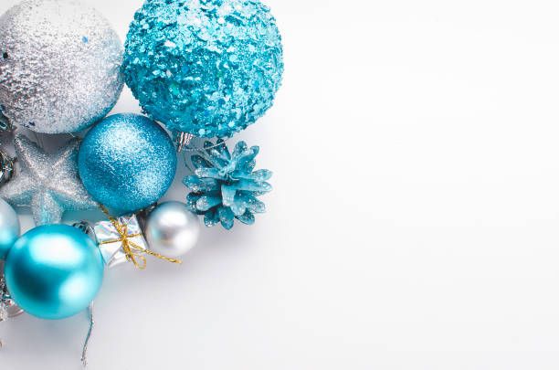 istock Christmas blue and silver balls, gifts. 875527536