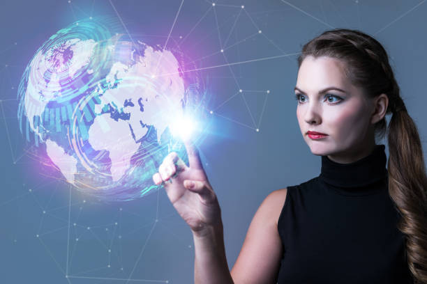 istock Futuristic woman and global network concept. Abstract mixed media. 875531578