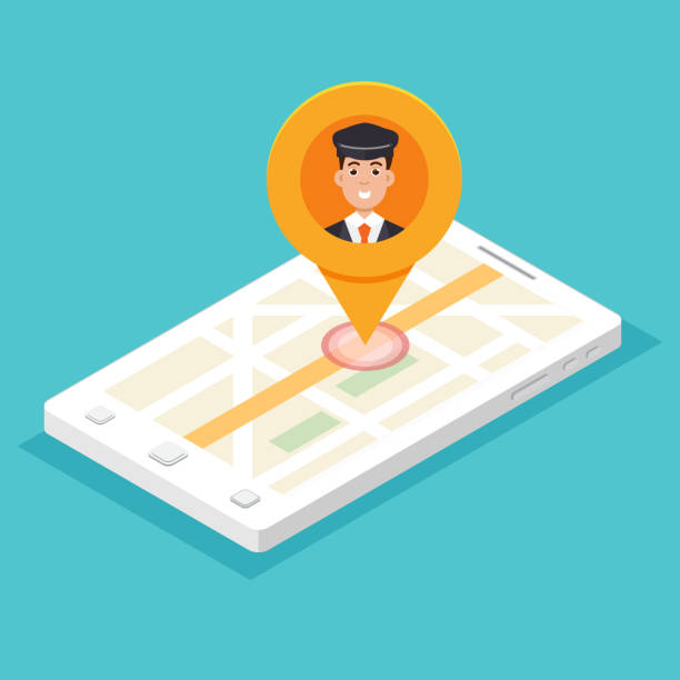 ilustrações de stock, clip art, desenhos animados e ícones de taxi mobile app.  smartphone isometric with cabdriver pin. vector illustration. - uber