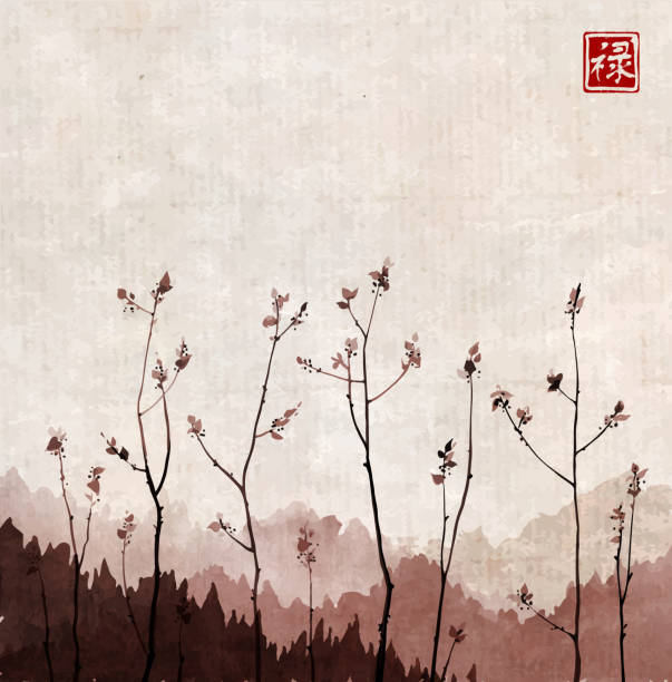 istock Branches of young trees with fresh leaves on vintage background. Traditional oriental ink painting sumi-e, u-sin, go-hua. Hieroglyph - well-being 875534586