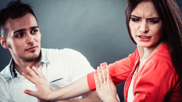 husband apologizing wife. angry upset woman. - persuasion pleading men women imagens e fotografias de stock