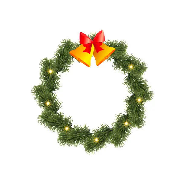 Vector illustration of Circle Christmas decoration with bell and pine. Vector.