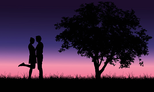 Loving young man and woman embracing on grass at tree under romantic sky with dawn - vector