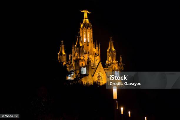 Sacred Heart Church On Mount Tibidabo In Barcelona Illuminated Stock Photo - Download Image Now