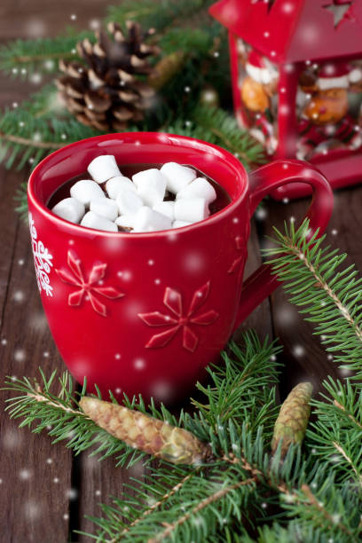 istock Red mugs with hot chocolate and marshmallows 875564234