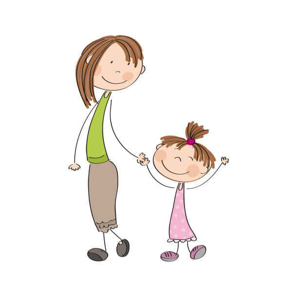 ilustrações de stock, clip art, desenhos animados e ícones de mum with her daughter - original hand drawn illustration - girl01