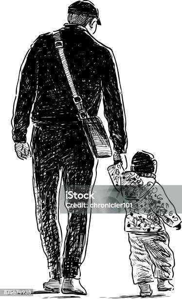 Padre E Suo Figlio Vanno A Fare Una Passeggiata - Immagini vettoriali stock e altre immagini di Famiglia - Famiglia, Illustrazione, Padre