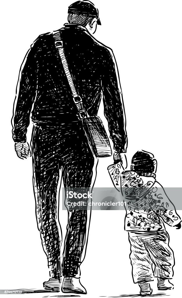 Father and his kid go on a stroll Vector drawing of a man with his baby on a walk. Family stock vector