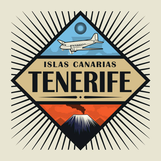 Vintage emblem text Tenerife, Canary island Stamp or vintage emblem with airplane, volcano and text Tenerife Canary island (in spanish), vector illustration watermark ideas stock illustrations