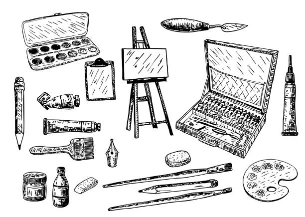 ilustraciones, imágenes clip art, dibujos animados e iconos de stock de vector de tinta dibujados a mano pintura conjunto de herramientas y accesorios - paleta equipo de arte y artesanía