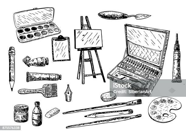 Vetores de Vector Tinta Pintura Da Mão Desenhada Conjunto De Ferramentas E Acessórios e mais imagens de Desenhar - Atividade