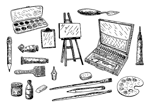 Vector ink hand drawn style painting tools and accessories set. Sketch doodle illustration isolated on white background.