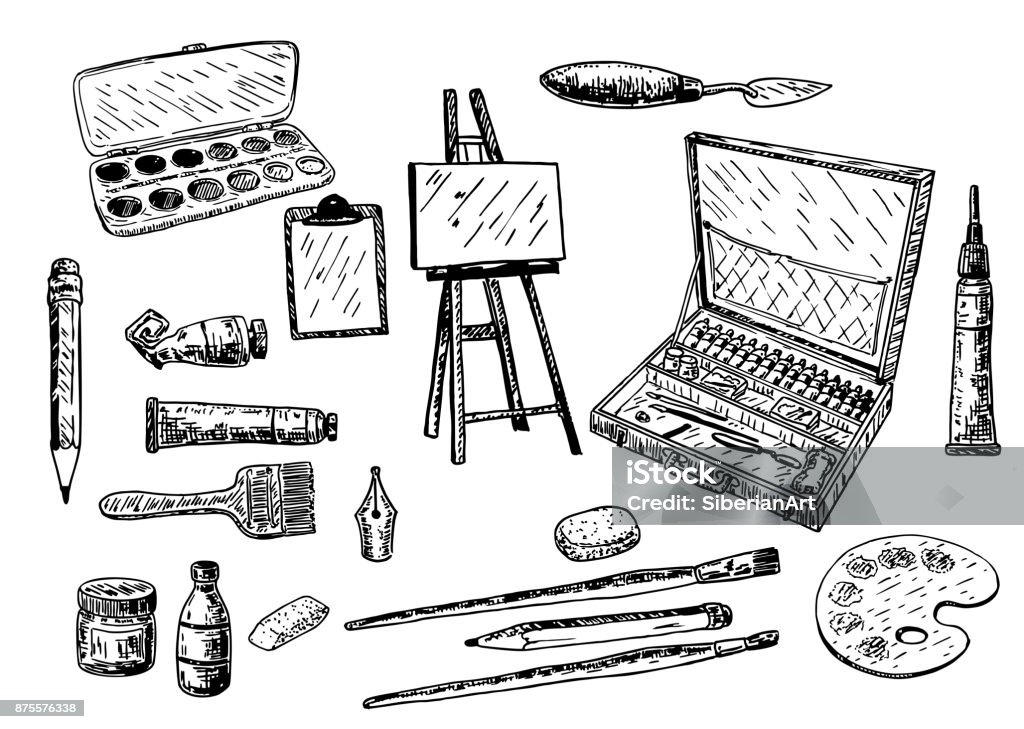 Vector ink hand drawn painting tools and accessories set Vector ink hand drawn style painting tools and accessories set. Sketch doodle illustration isolated on white background. Drawing - Activity stock vector