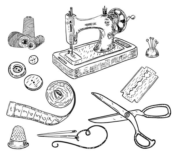 illustrazioni stock, clip art, cartoni animati e icone di tendenza di kit da cucito in stile disegnato a mano con inchiostro vettoriale - sewing tailor thread sewing kit