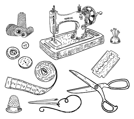 Vector ink hand drawn style sewing set with stitching machine, sewing scissors, needle, razor blade, tape measure, pins, thimble, buttons isolated on white background.