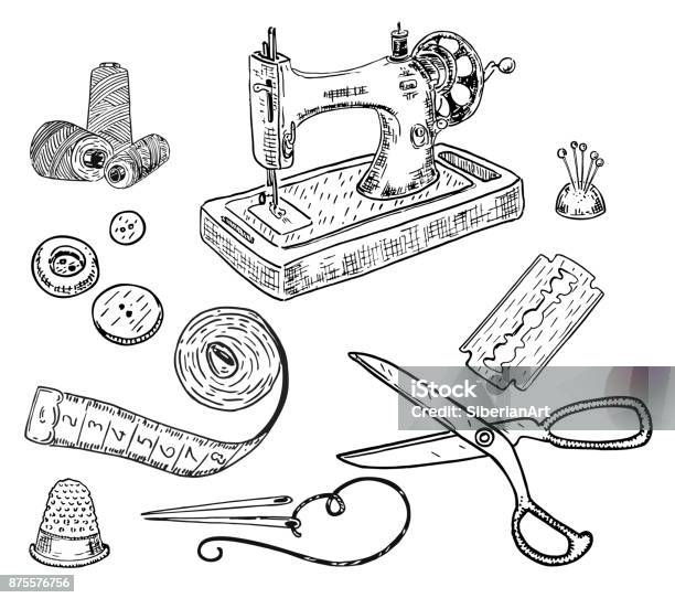 Vector Ink Hand Drawn Style Sewing Kit Stock Illustration - Download Image Now - Drawing - Activity, Drawing - Art Product, Scissors