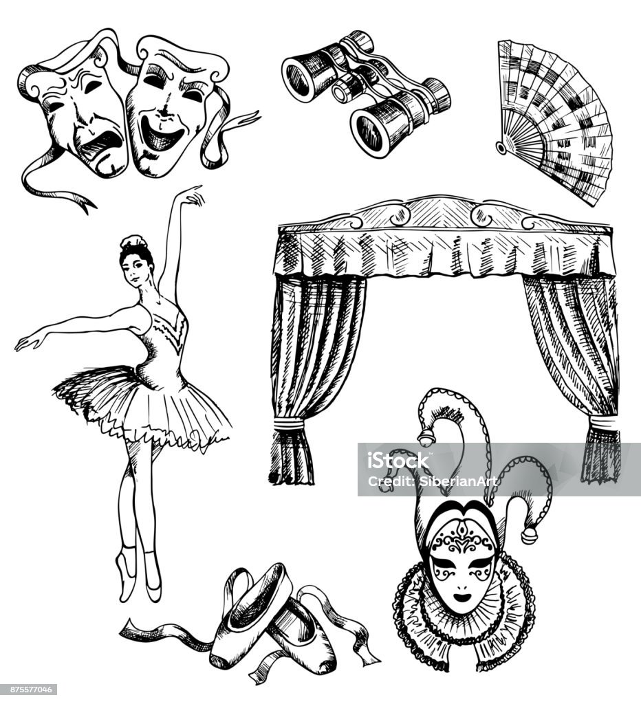 Set teatrale disegnato a mano con inchiostro vettoriale - arte vettoriale royalty-free di Teatro