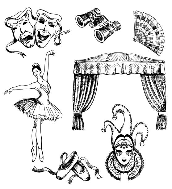 illustrazioni stock, clip art, cartoni animati e icone di tendenza di set teatrale disegnato a mano con inchiostro vettoriale - teatro