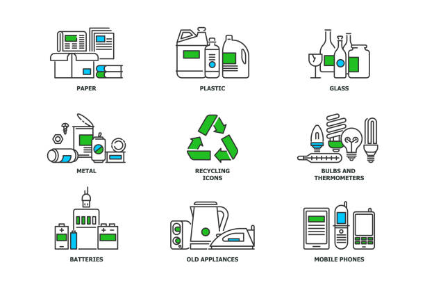 라인 디자인에 재활용 아이콘 설정 합니다. 재활용 벡터 평면 일러스트. 종이, 금속, 플라스틱, 유리, 전구, 전자 폐기물, 모바일 및 가전 제품 아이콘 배경 스톡 벡터 동안에 고립 된 낭비 - recycling bag garbage bag plastic stock illustrations