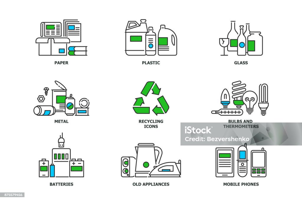 Set of recycling icons in line design. Recycle vector flat illustrations. Waste paper, metal, plastic, glass, bulbs, e-waste, mobiles and appliances icons isolated on while background stock vector Set of recycling icons in line design. Recycle vector flat illustrations. Waste paper, metal, plastic, glass, bulbs, e-waste, mobiles and appliances icons isolated on while background stock vector. Recycling stock vector