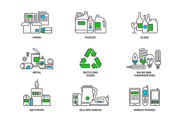 Set of recycling icons in line design. Recycle vector flat illustrations. Waste paper, metal, plastic, glass, bulbs, e-waste, mobiles and appliances icons isolated on while background stock vector Set of recycling icons in line design. Recycle vector flat illustrations. Waste paper, metal, plastic, glass, bulbs, e-waste, mobiles and appliances icons isolated on while background stock vector. recycled material stock illustrations