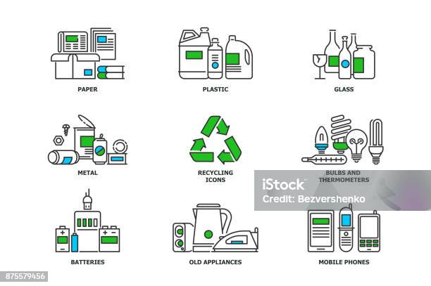 Set Of Recycling Icons In Line Design Recycle Vector Flat Illustrations Waste Paper Metal Plastic Glass Bulbs Ewaste Mobiles And Appliances Icons Isolated On While Background Stock Vector Stock Illustration - Download Image Now