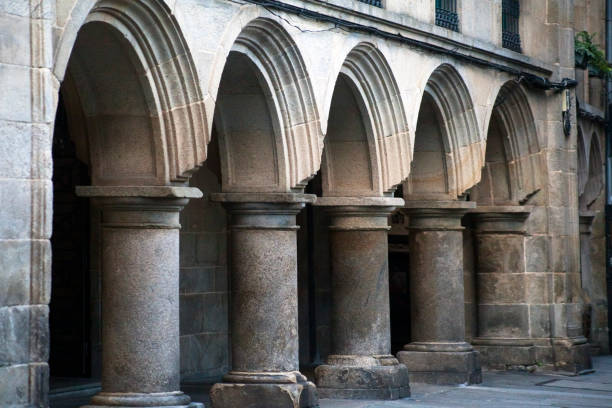 Santiago de Compostela, Spain, street view from under an arcade after the rain.