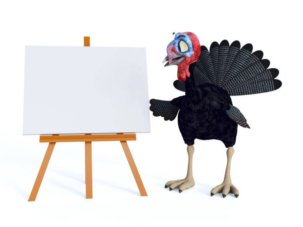 istock A silly, smiling cartoon turkey looking at a blank sign on an easel. 875580516