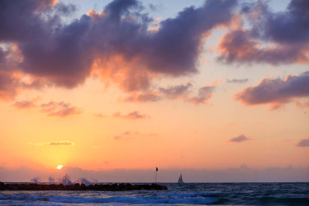 piękny zachód słońca nad brzegiem morza w tel awiwie z widokiem na żaglówkę i morze śródziemne. - sailboat sunset tel aviv sea zdjęcia i obrazy z banku zdjęć