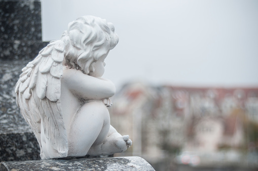 closeup of stoned angel sitting on tomb in a cemetery