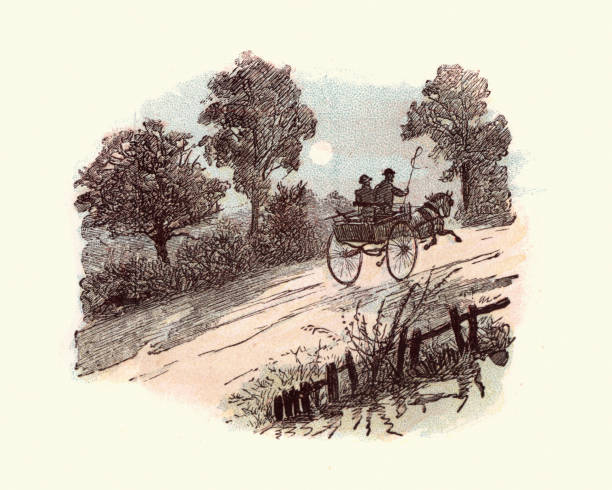 Vintage engraving of Victorian men driving a cart in the countryside. Strange Adventures of a Dog cart, by Randolph Caldecott.