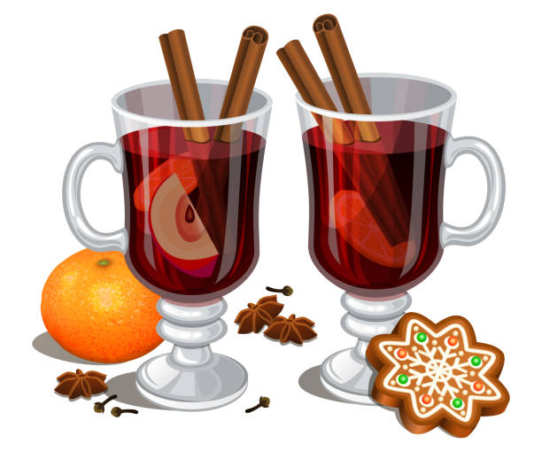 weihnachten glühwein mit gewürzen, lebkuchen, orange, anis und zimt-sticks, traditionelle weihnachts-drink. vektor-illustration, eps 10. - glühwein stock-grafiken, -clipart, -cartoons und -symbole