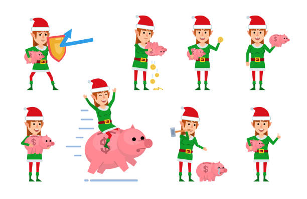 набор женских рождественских эльфов позирует с копилкой в различных ситуациях. - piggy bank red coin bank isolated stock illustrations