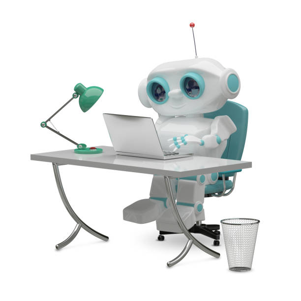 istock 3D Illustration of the Little Robot Behind the Table 875595806