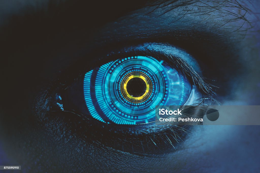 Biometrics, innovation and access concept Close up of abstract eye with digital pattern. Biometrics, innovation and access concept Eye Stock Photo