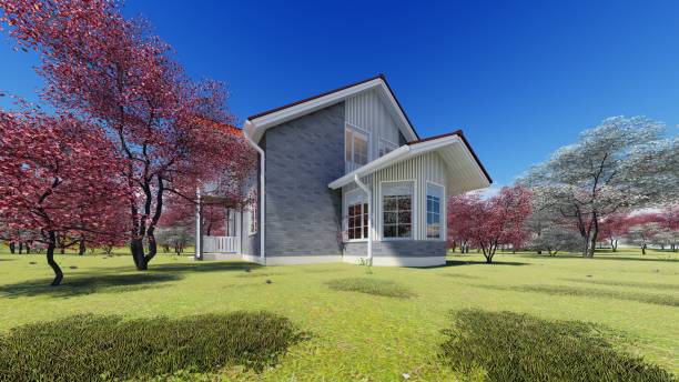 summer cottage in the spring garden 3d rendering