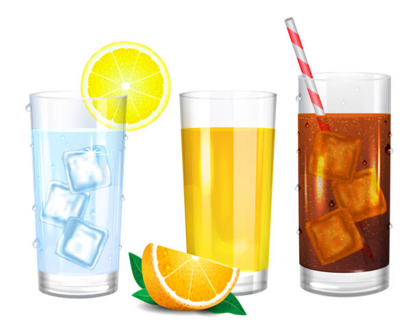 drei gläser realistische getränke. cola mit stroh. gelb orange saft und frucht. wasser mit eiswürfeln. vektor-illustration auf weißem hintergrund. - drinking straw juice frozen glass stock-grafiken, -clipart, -cartoons und -symbole