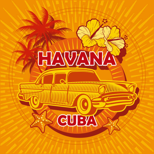 habana cuba image of old car with hibiscus background and palm trees cuba illustrations stock illustrations