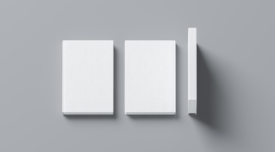 Blank white tissular hard cover book mock up, front, spine and back side view, 3d rendering. Empty notebook hardcover mockups, isolated. Bookstore branding template. Plain textbook with clear binding.