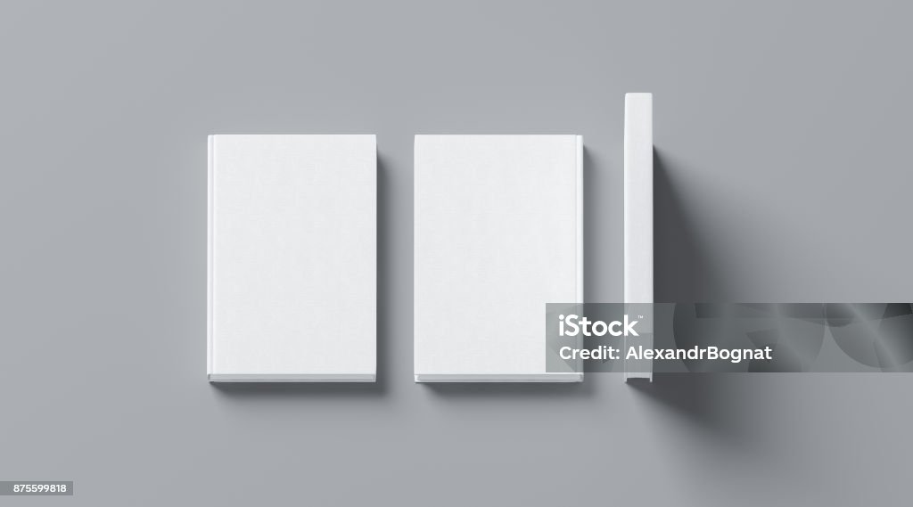 Blank white tissular hard cover book mock up, front, spine Blank white tissular hard cover book mock up, front, spine and back side view, 3d rendering. Empty notebook hardcover mockups, isolated. Bookstore branding template. Plain textbook with clear binding. Book Stock Photo