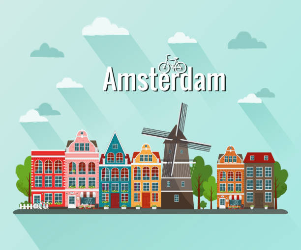 ilustraciones, imágenes clip art, dibujos animados e iconos de stock de ilustración de vector de amsterdam. antigua ciudad europea. - amsterdam