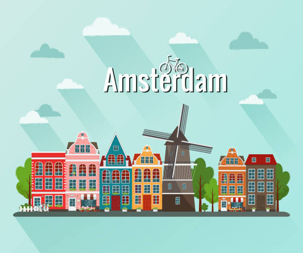 illustrazioni stock, clip art, cartoni animati e icone di tendenza di illustrazione vettoriale di amsterdam. città vecchia d'europa. - amsterdam