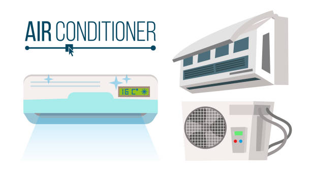 klimatyzator zestaw wektor. różne typy office, home conditioner system. wewnątrz, na zewnątrz cartoon flat izolowane ilustracja - air air conditioner electric fan condition stock illustrations