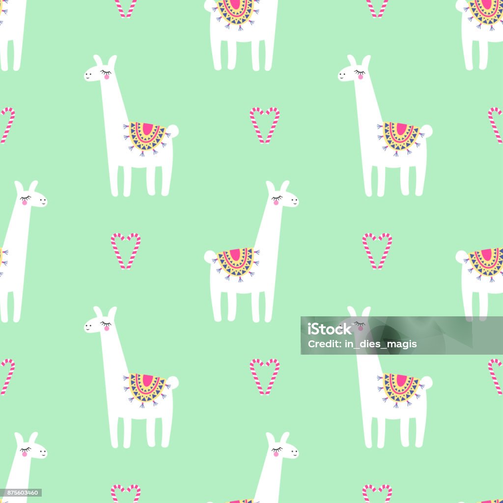 Cute llama with candy cane heart seamless pattern on mint green background. Cute llama with candy cane heart seamless pattern on mint green background. Vector baby animal illustration for xmas. Child drawing style lama. Christmas design for fabric, wallpaper, textile, decor. Alpaca stock vector
