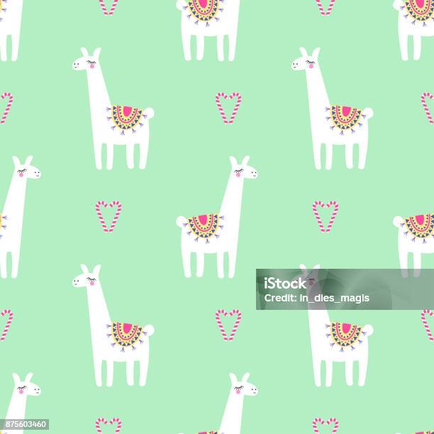 Cute Llama With Candy Cane Heart Seamless Pattern On Mint Green Background Stock Illustration - Download Image Now