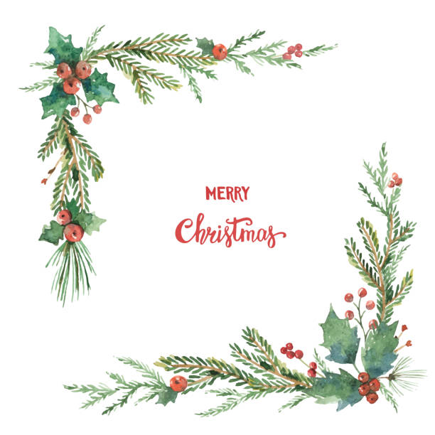 전나무 가지와 꽃 포 수채화 벡터 크리스마스 장식 코너. - holly christmas frame christmas decoration stock illustrations